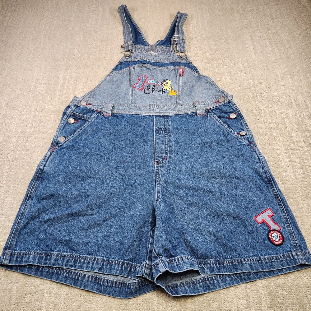 Vintage Looney Tunes Denim Overall Shorts Women 14W 16W Warner Brothers 90s Y2K